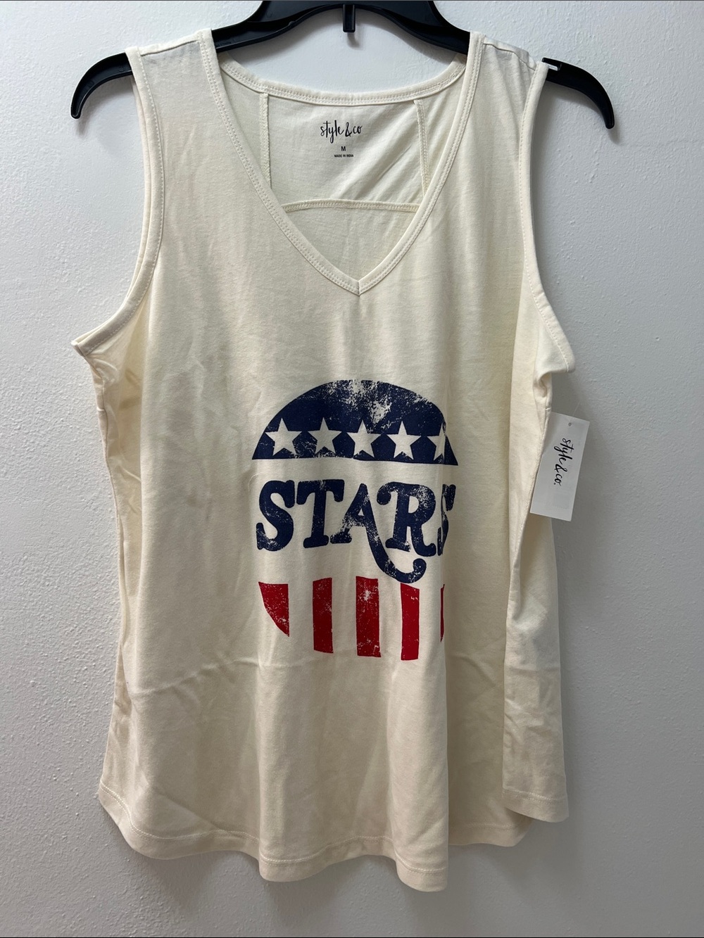 Style & Co. Cream V-Neck Tank with Distressed Red & Navy Stars Graphic